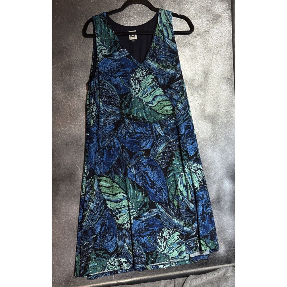 Anne Klein Tropical Monstera Leaf Sleeveless Dress 12 V Neck Garden Party Aline